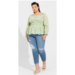 Torrid Blouse Plus Sz 4X Mint Green Cotton Clip Dot Blouson Sleeve Smocked Top